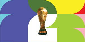 Colorful graphi and a trophy cup. Mexico insurance