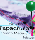 Map of Mexico/Guatemala border, highlighting pin in Tapachula Chiapas. Sanborn's the best Mexico Insurance.