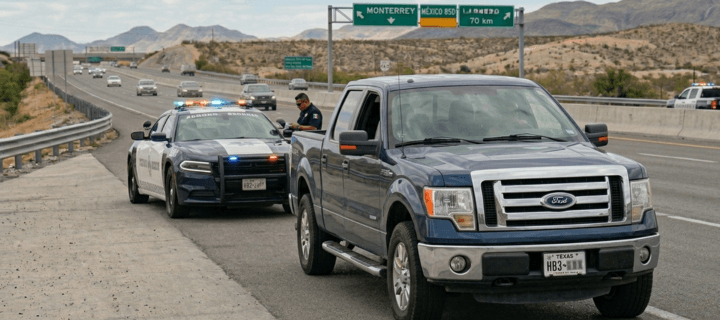 Policia verificando documentacion de vehiculo en carretera de Mexico.  Aseguranza de auto para Mexico. 