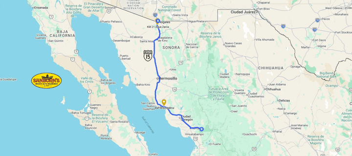 Mapa de la Carretera Federal 15 en el Desierto de Sonora mostrando la ruta entre Nogales y Alamos, Sonora, con marcadores en el KM 21 (control de Banjercito y Zona Libre) y KM 98. El Mejor Seguro de Auto Para Mexico. 