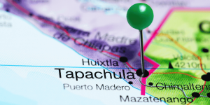 Map of Mexico/Guatemala border, highlighting pin in Tapachula Chiapas. Sanborn's the best Mexico Insurance.